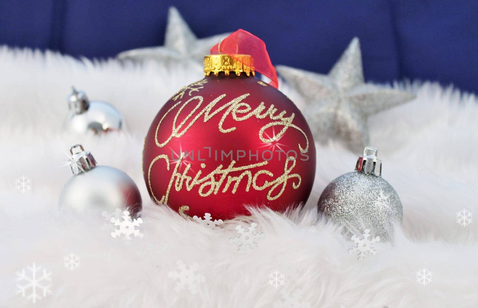 Christmas Bauble balls decoration with fake snow flakes and sparkles twinkle