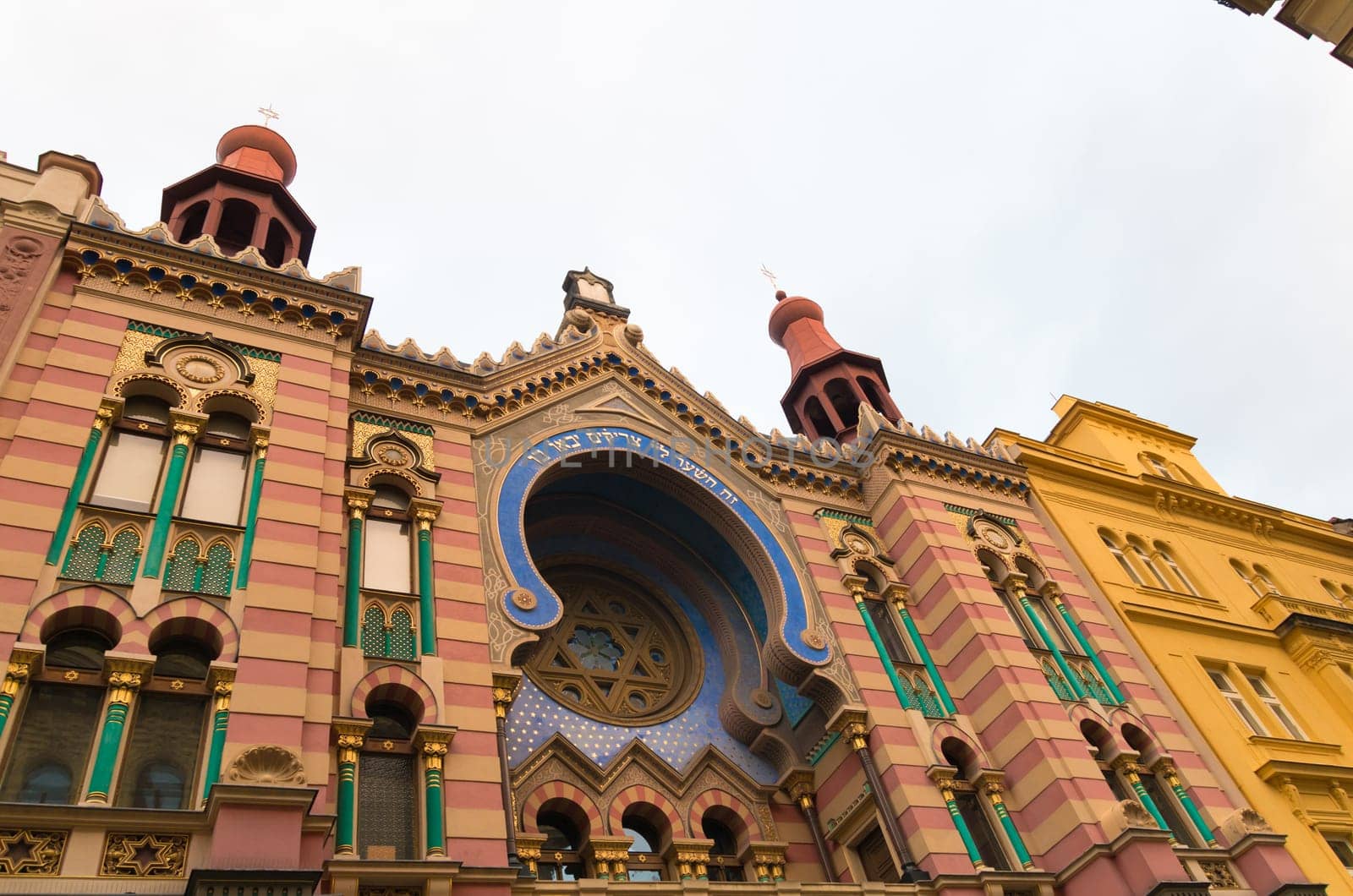 exterior of the jubilee synagogue in prague. It is the youngest and the largest synagogue in prague. Jubilee Synagogue was built in 1905-06 in Art Nouveau and pseudo moorish styles as a compensation for demolished synagogues in the Jewish Quarter.