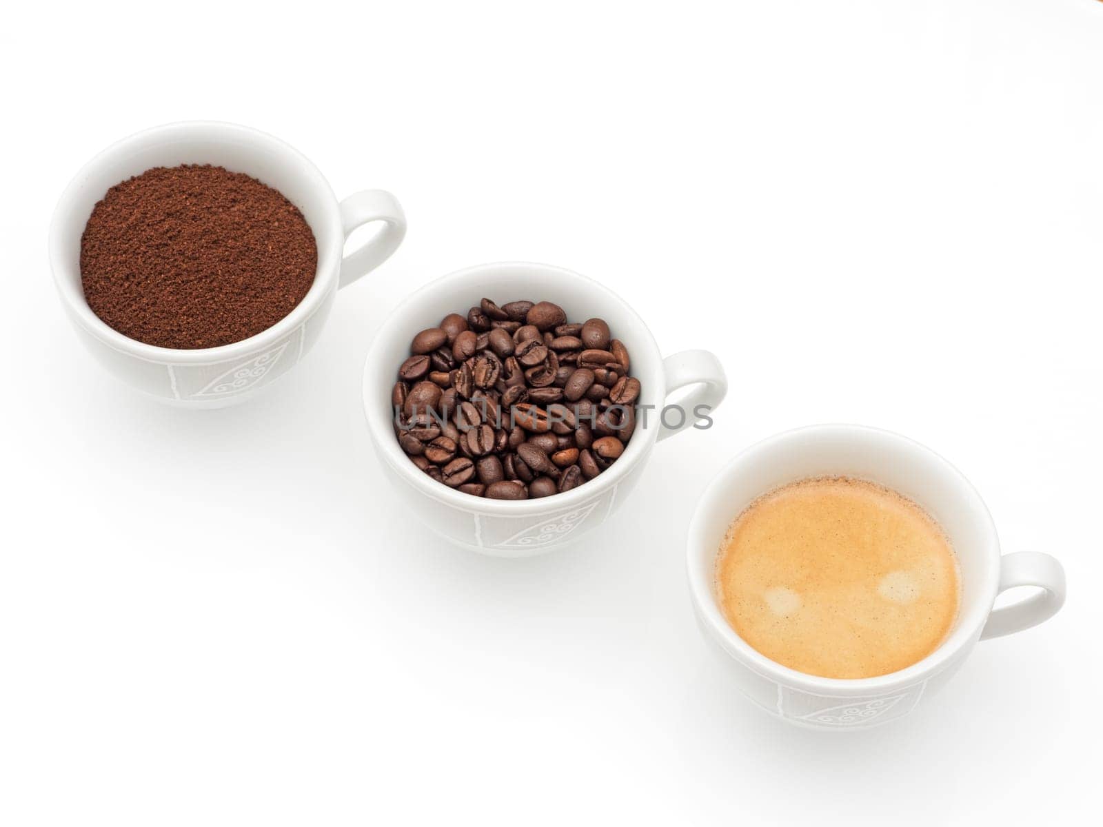 three cups of coffee,coffee beans and coffee powder