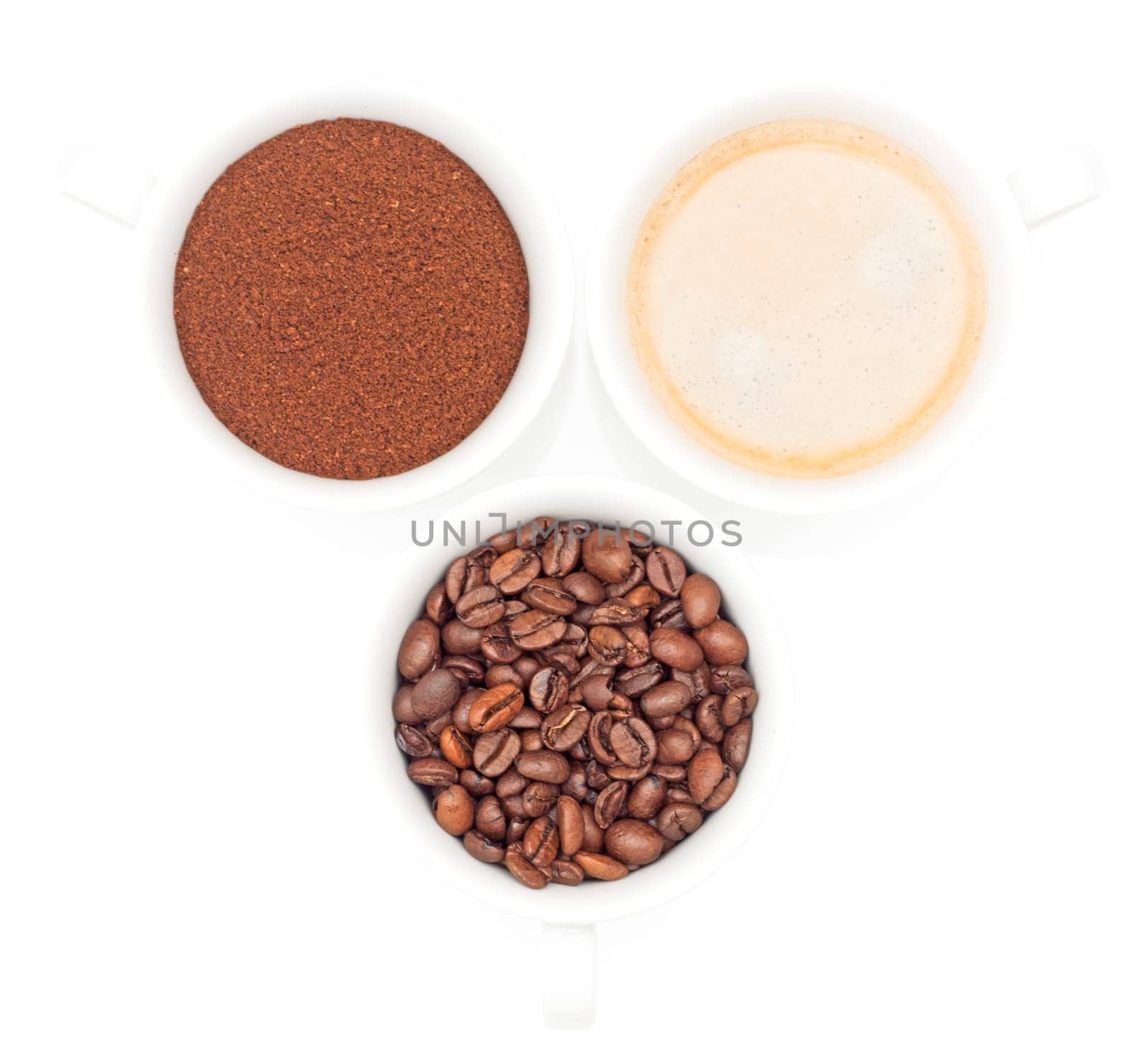 three cups of coffee,coffee beans and coffee powder