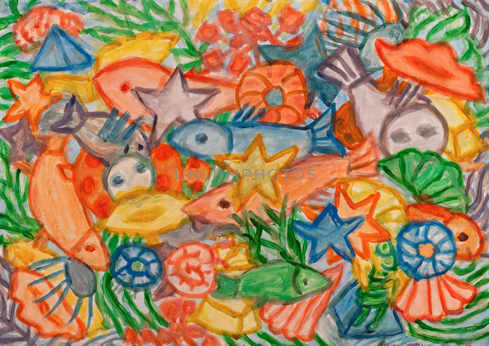 Underwater world abstract acrylic painting.