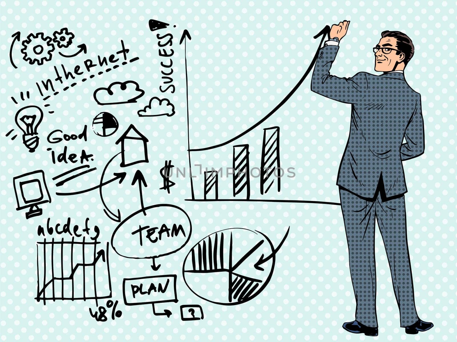 Businessman drawing business concept of success. Pop art retro style