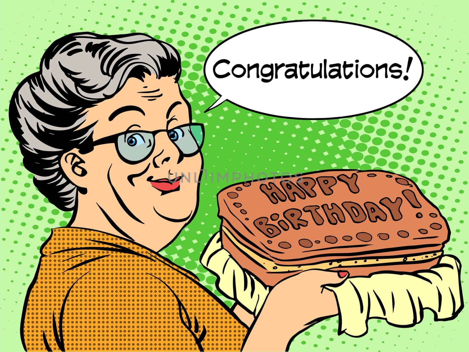 Grandma wishes a happy birthday cake. Retro style pop art