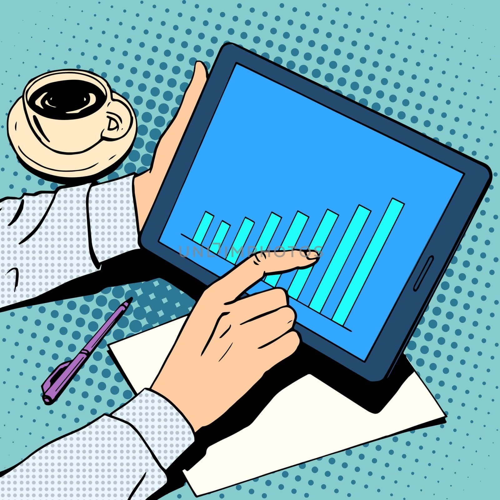 business concept businessman schedule growth tablet lunch retro style pop art