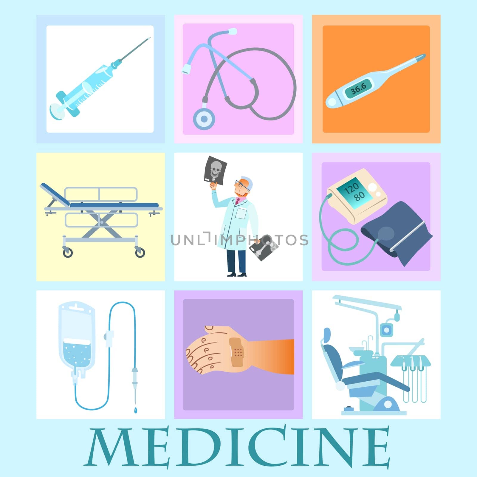 A set of health and medicine. Doctor and medical devices