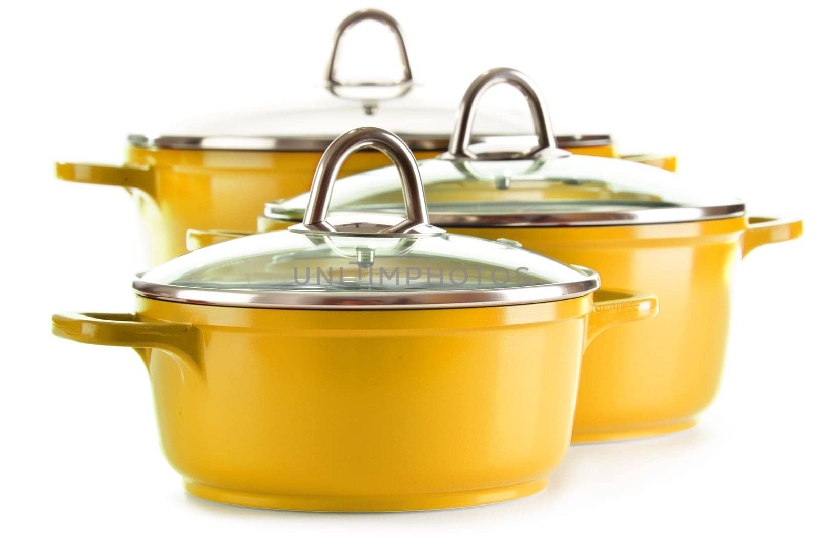 Steel pots isolated on white background.