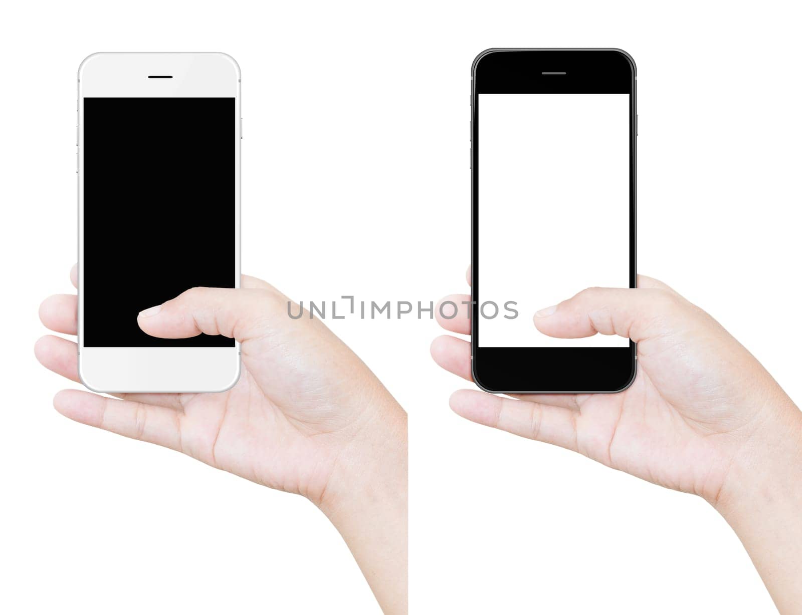 hand holding phone clipping path isolated white