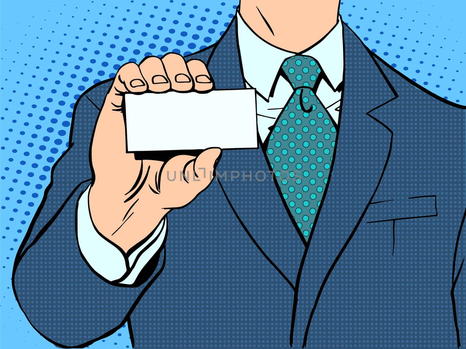 Businessman and business card. Retro style pop art
