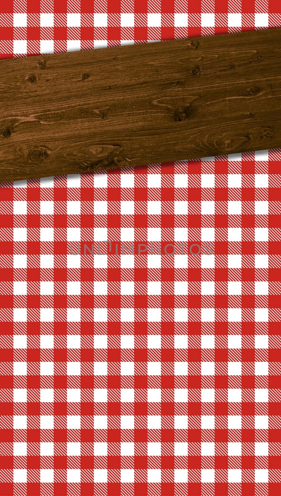 Checkered tablecloth pattern in white and red with wooden beams for headline