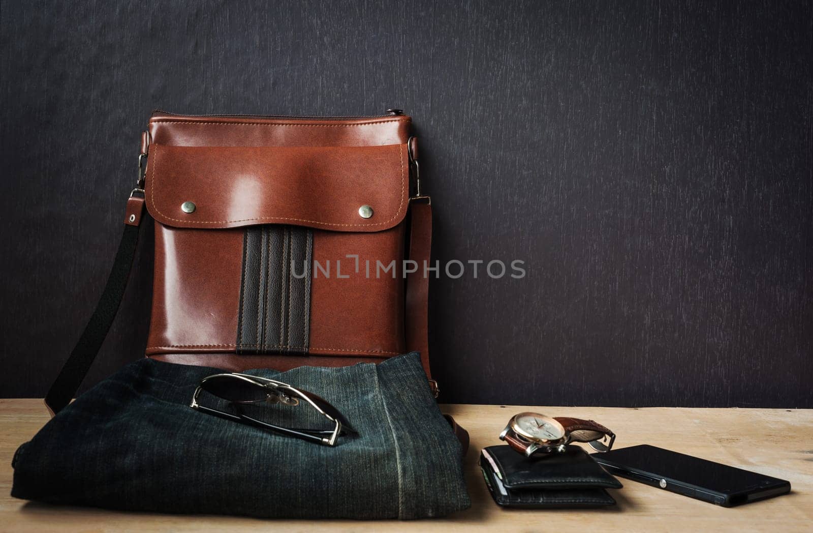 Outfit of traveler, Different objects on wooden background, Still life dark border