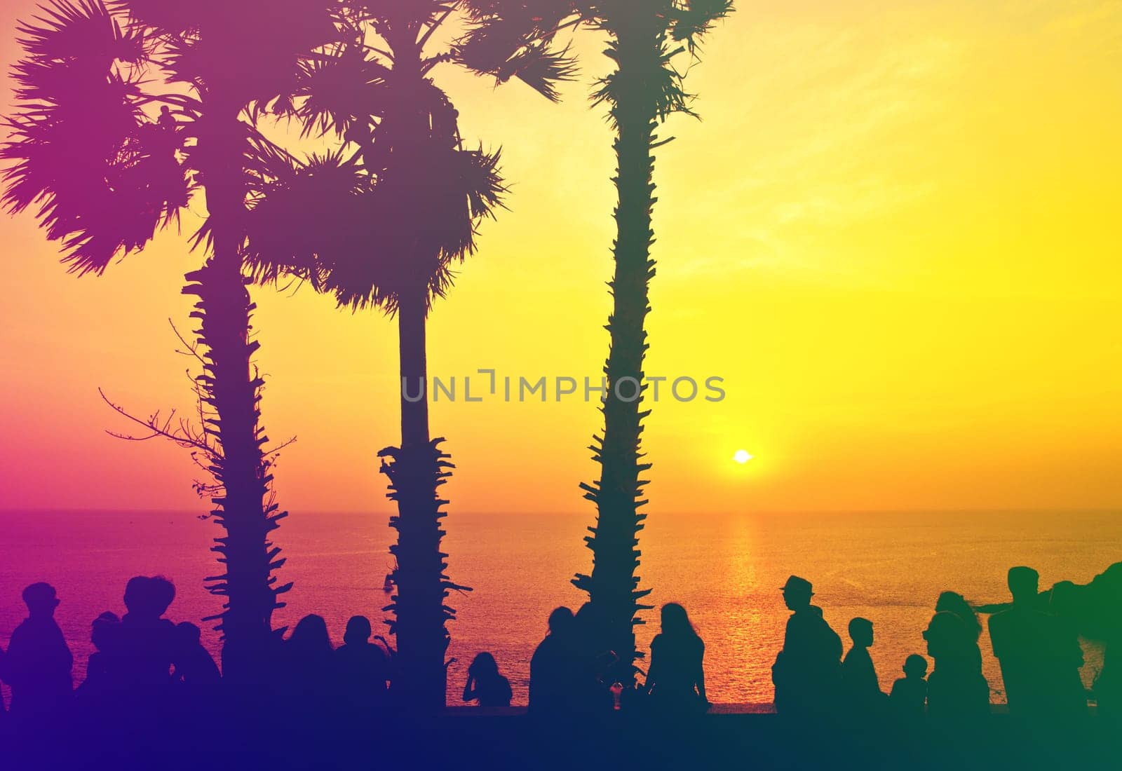 Silhouette vintage people with color of the sunset, Lan prom thep view point, Phuket Thailand