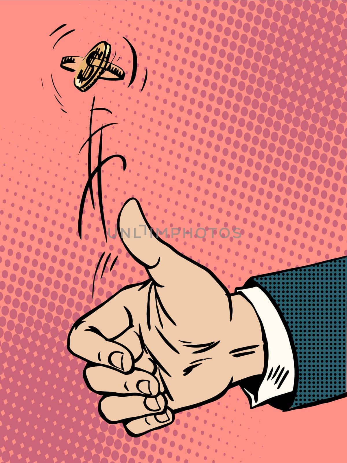 Case lots hand tosses a coin in retro pop art style