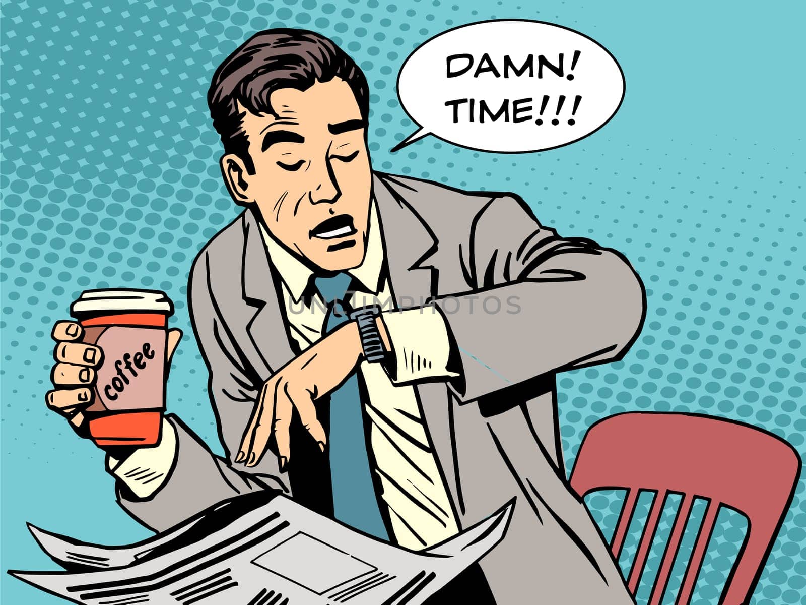 Coffee break late businessman cafe pop art retro style