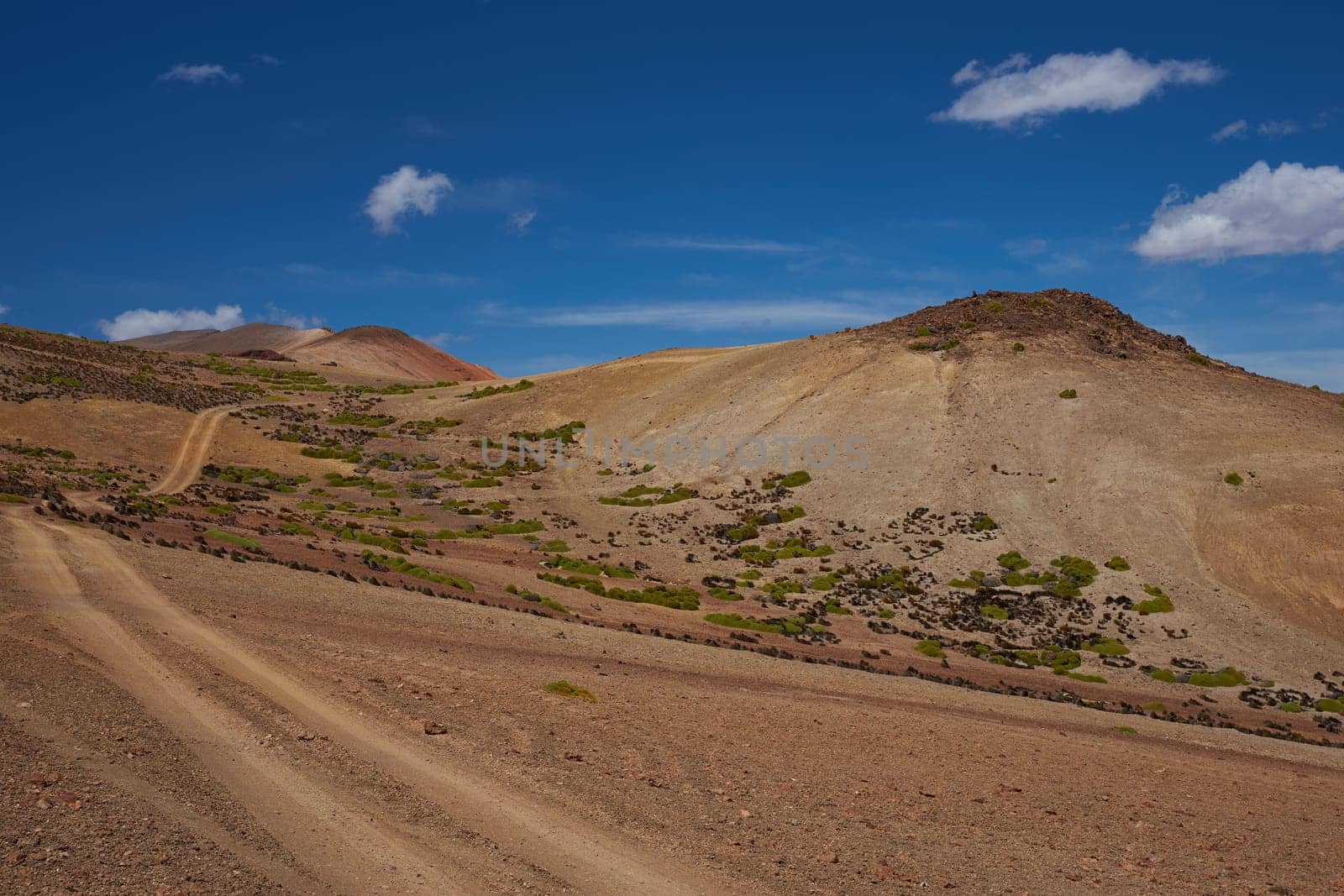 Gravel road running through the colourful desert landscape in Lauca National Park set in the altiplano of northern Chile