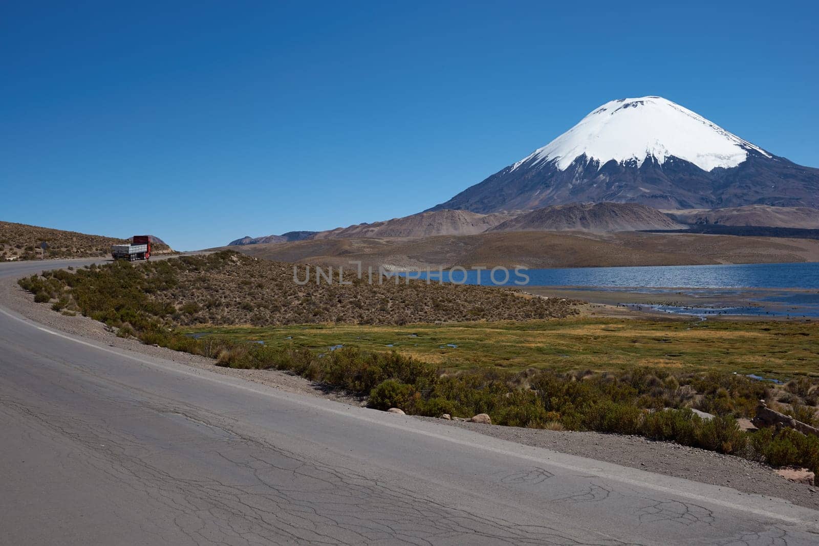 Snow capped Parinacota Volcano, 6,324m high, reflected in Lake Chungara in the Altiplano of northern Chile.