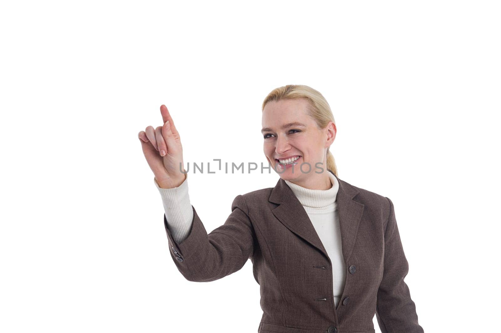Woman points to the left with her hand