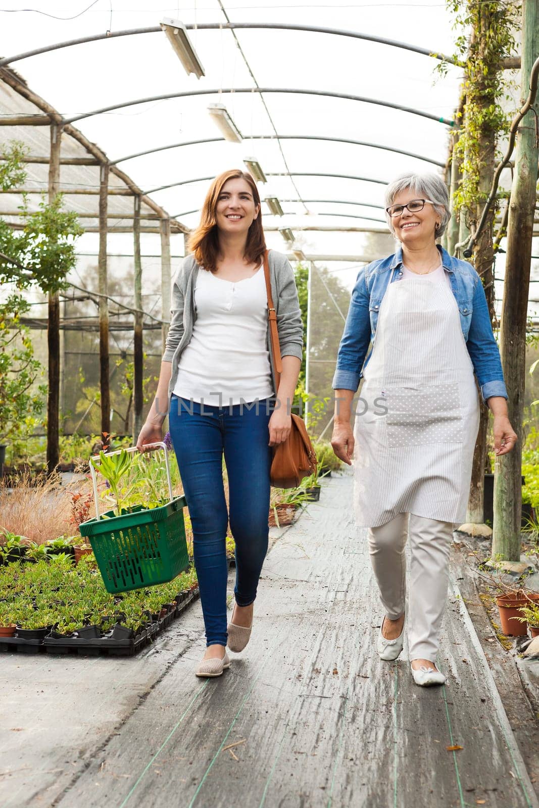 Florist and customer walking together in a greenhouse