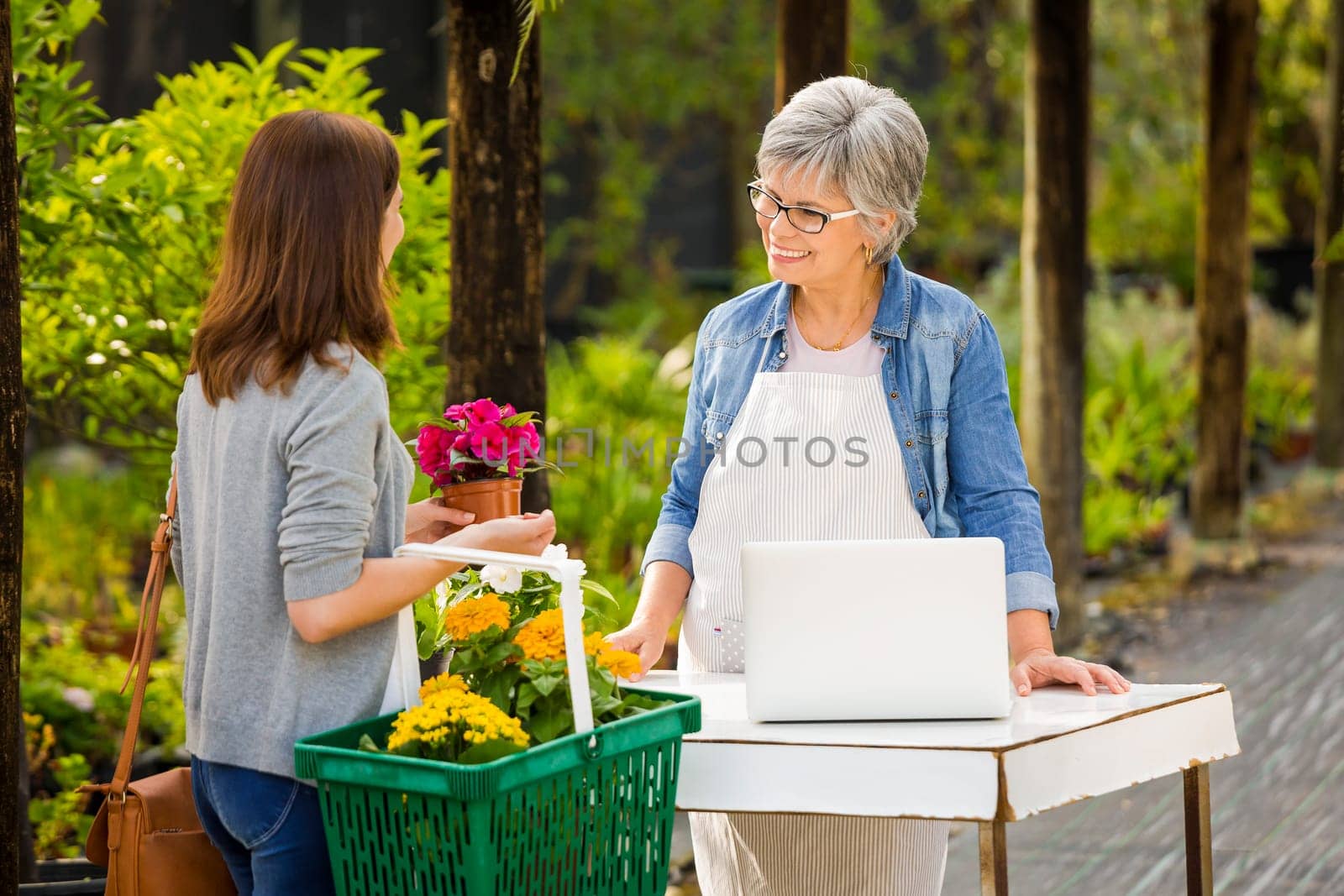 Mature women working in a flower shop and talking with a customer
