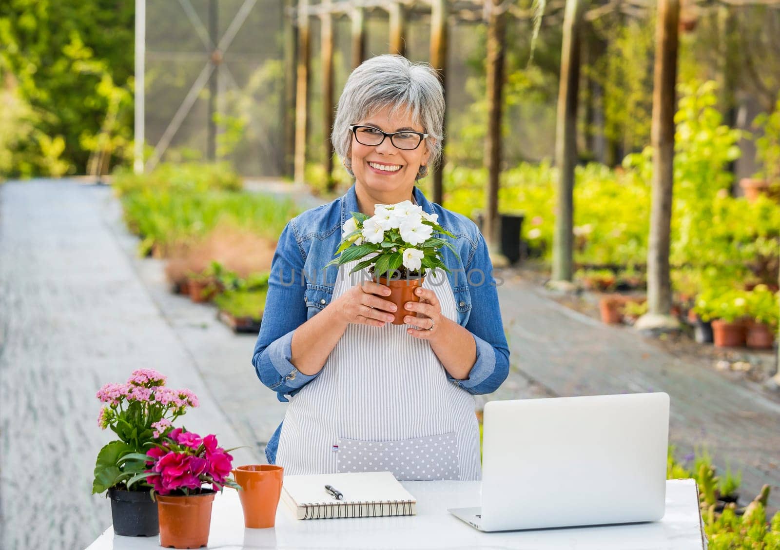 Beautiful mature woman working in a greenhouse holding flowers on her hands