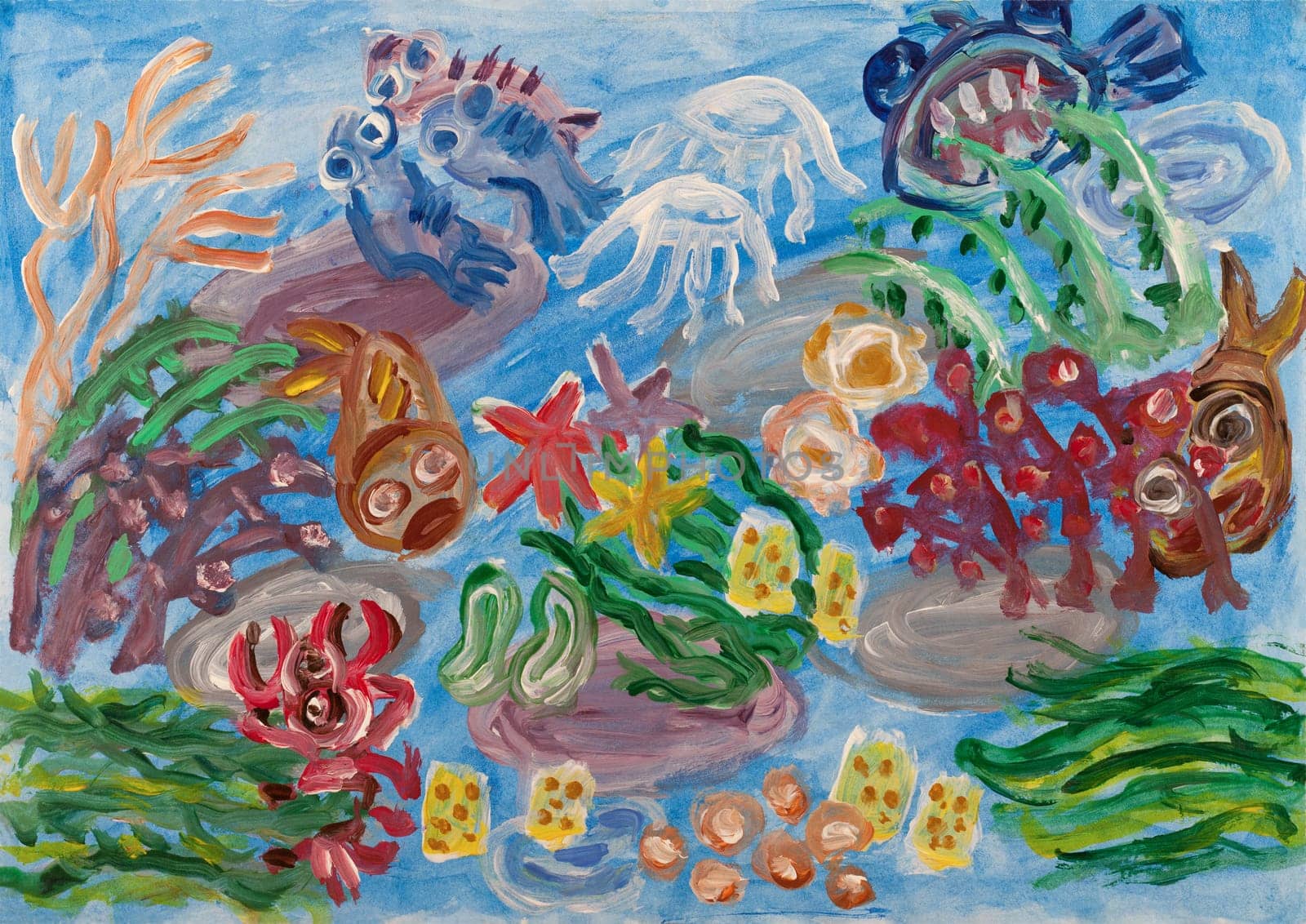 Underwater landscape with coral reef. Abstract acrylic painting.
