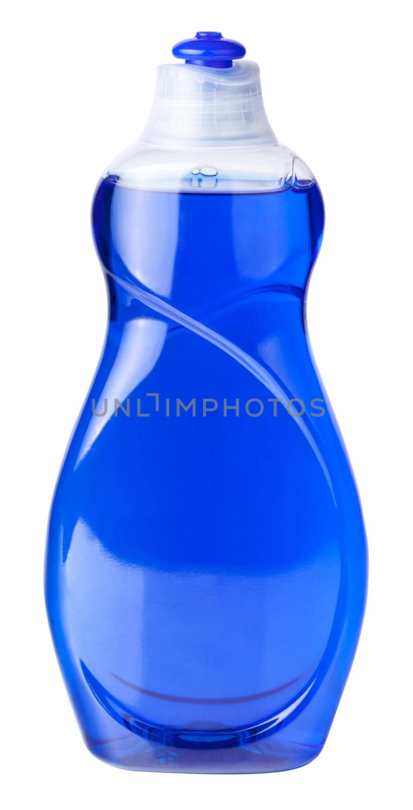 Dishes dishwashing liquid blue on white background