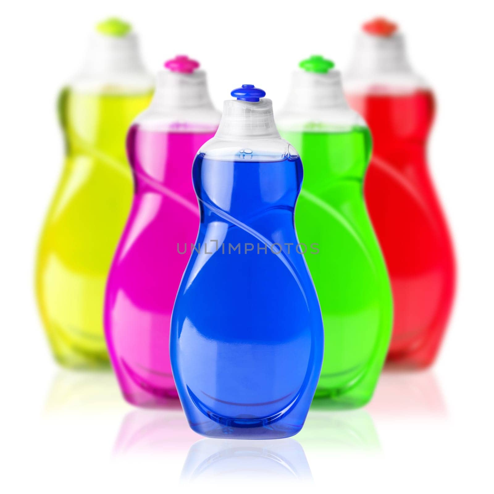 Dishes dishwashing liquid colorful on white background