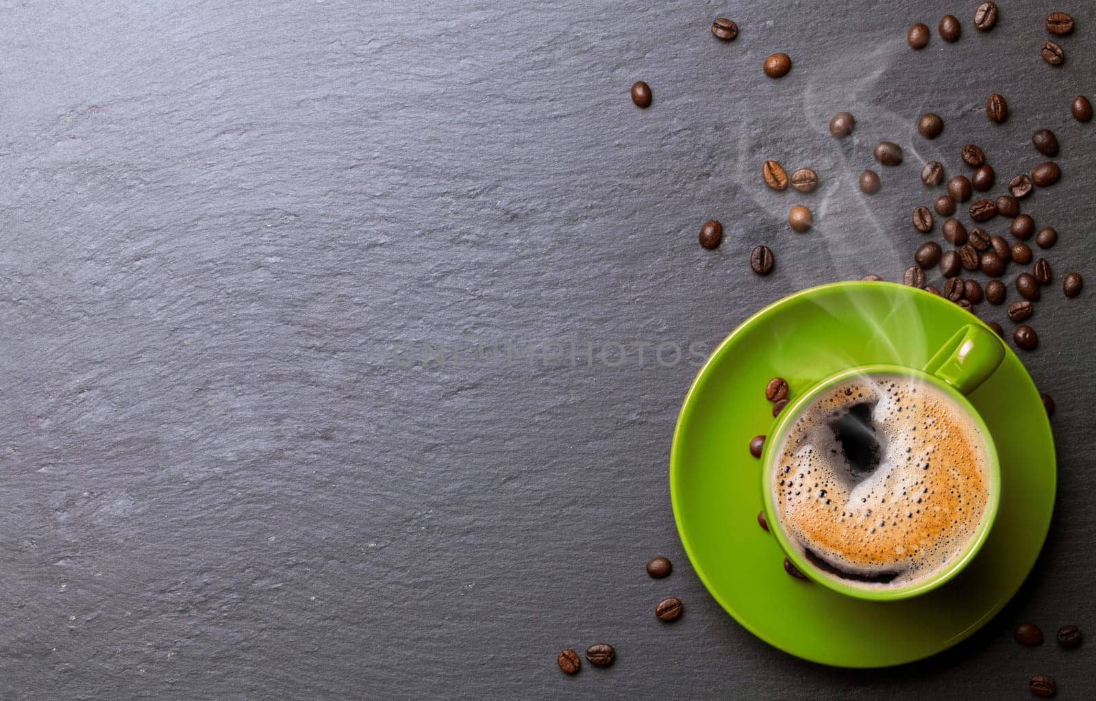 Coffee cup background with coffee beans and table