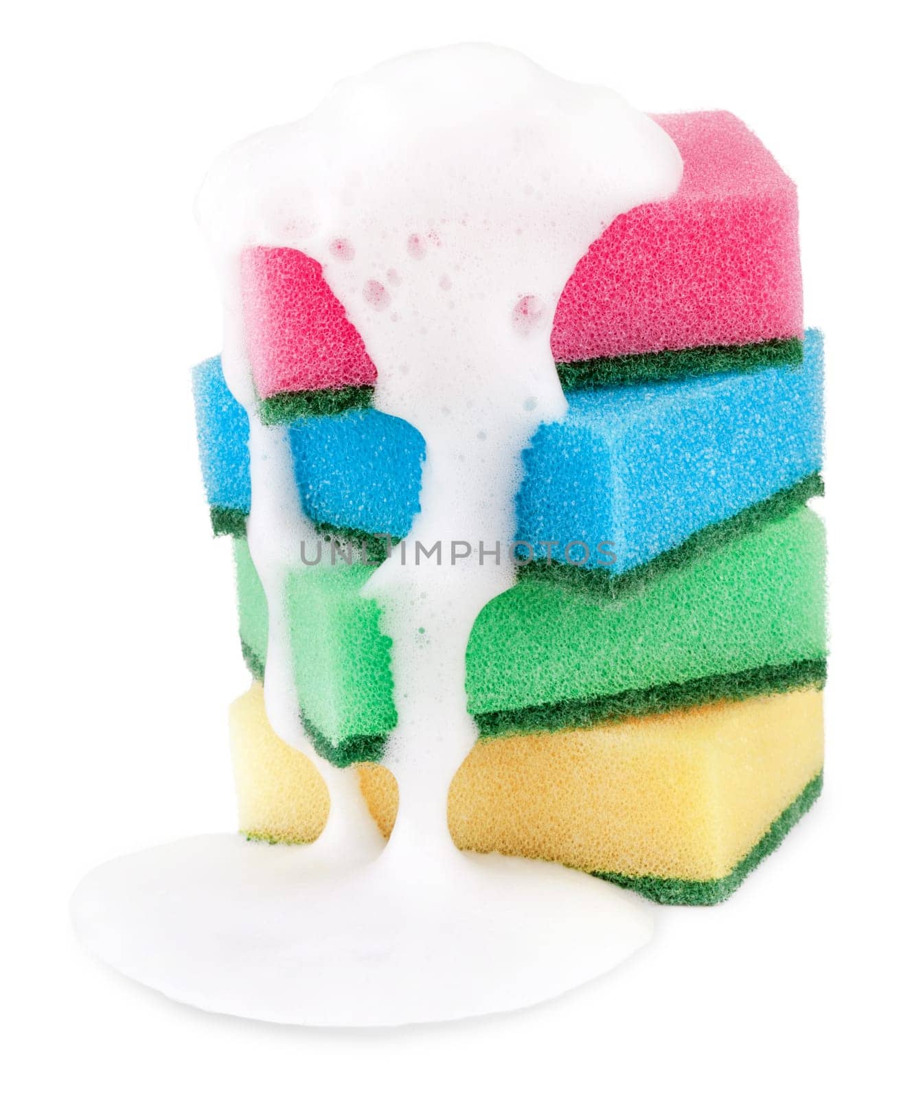 Plaster sponges colorful with foam on white background