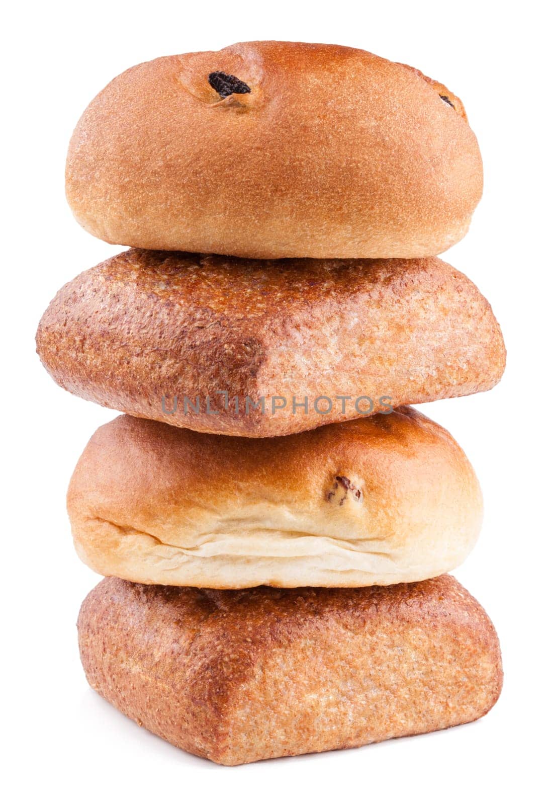 Whole grain and raisin sands stack on white background