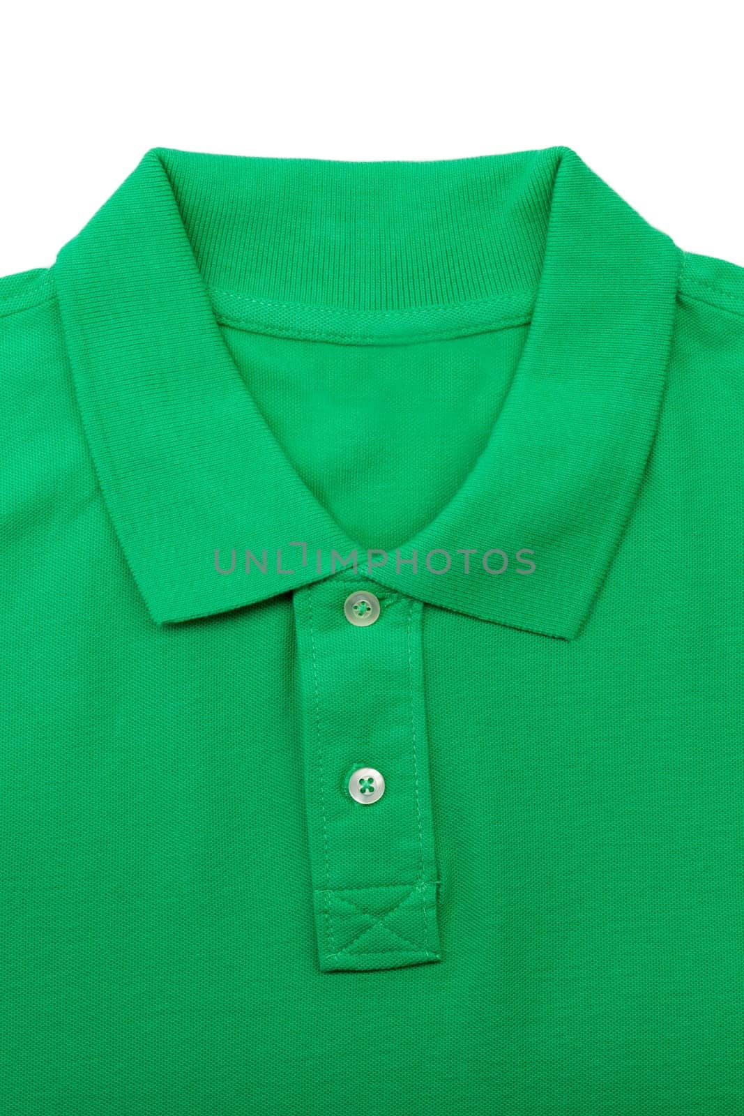 Green polo shirt close-up collar. Isolate on white.