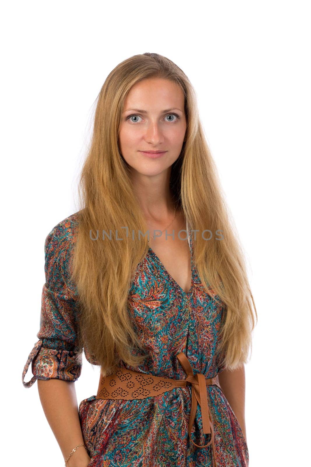 Portrait of beautiful charming smiling girl. Studio. Isolate on white.