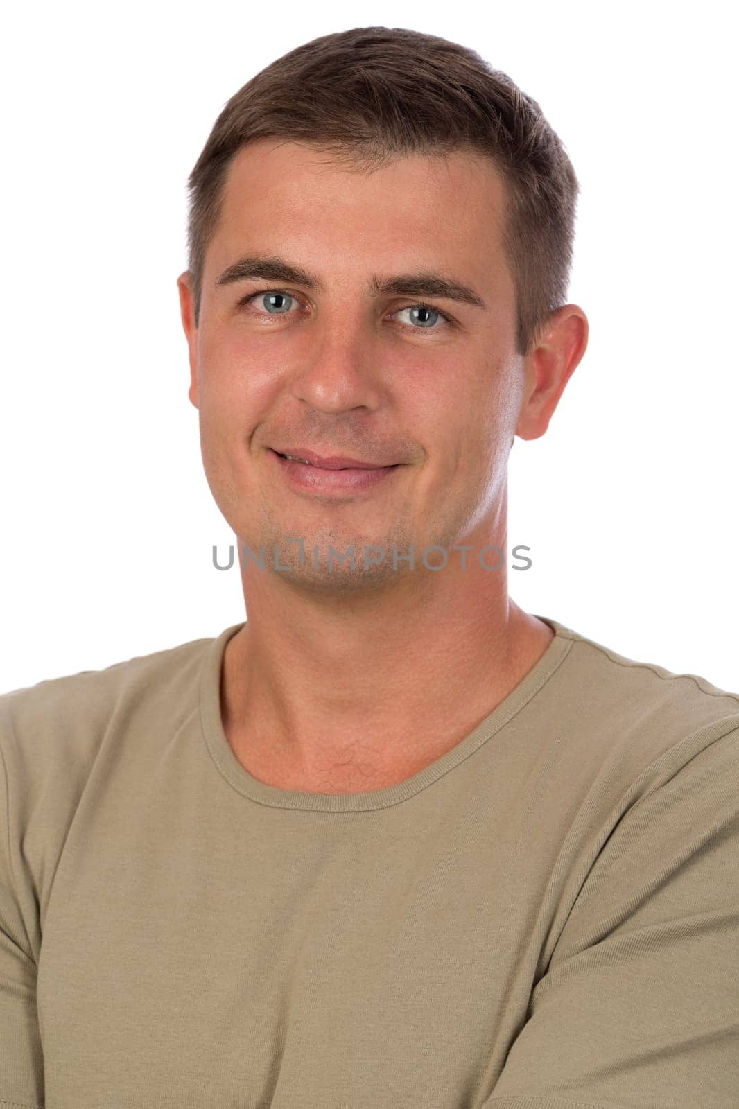 Portrait of an attractive 37 year old man closeup isolate on a white background.