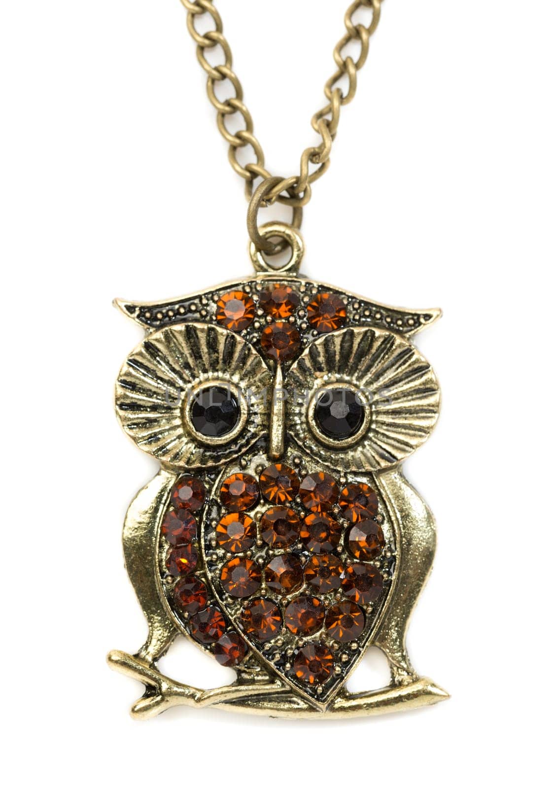 Close up of a gold owl pendant on white
