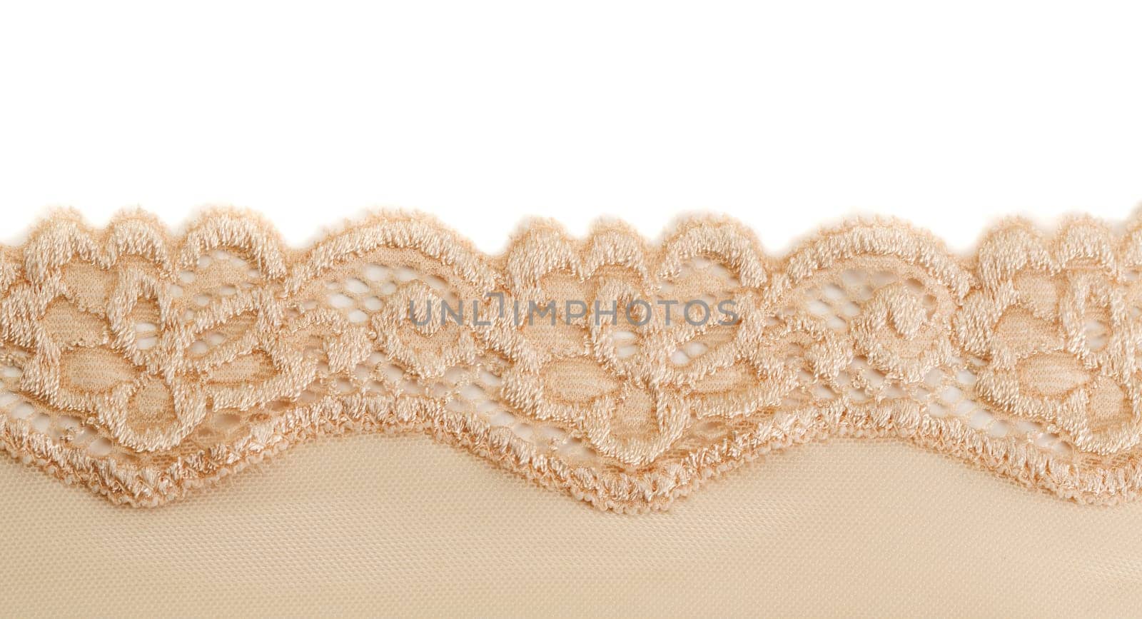 Beige cotton openwork lace. Isolate on white.
