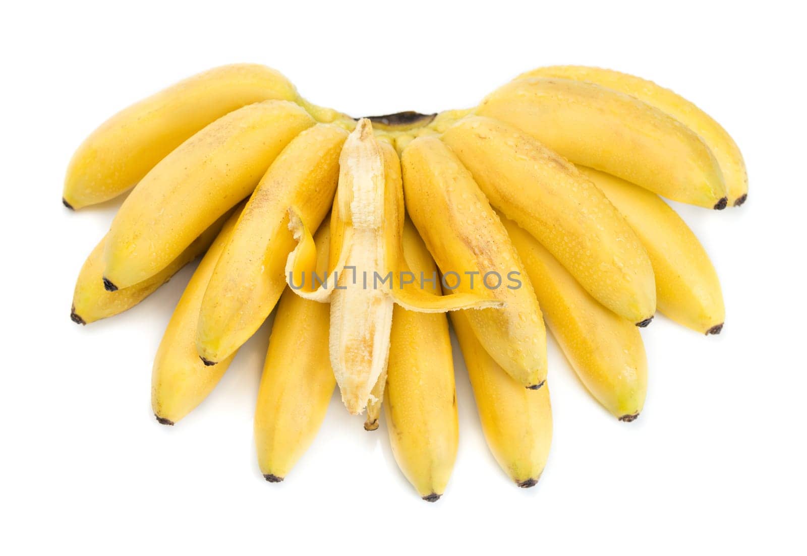 Bunch of bananas with open one isolated on white