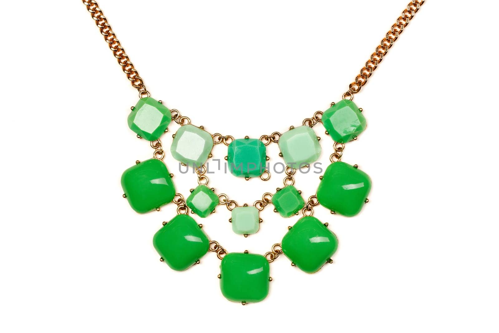 Necklace with green stones. Isolate on white.