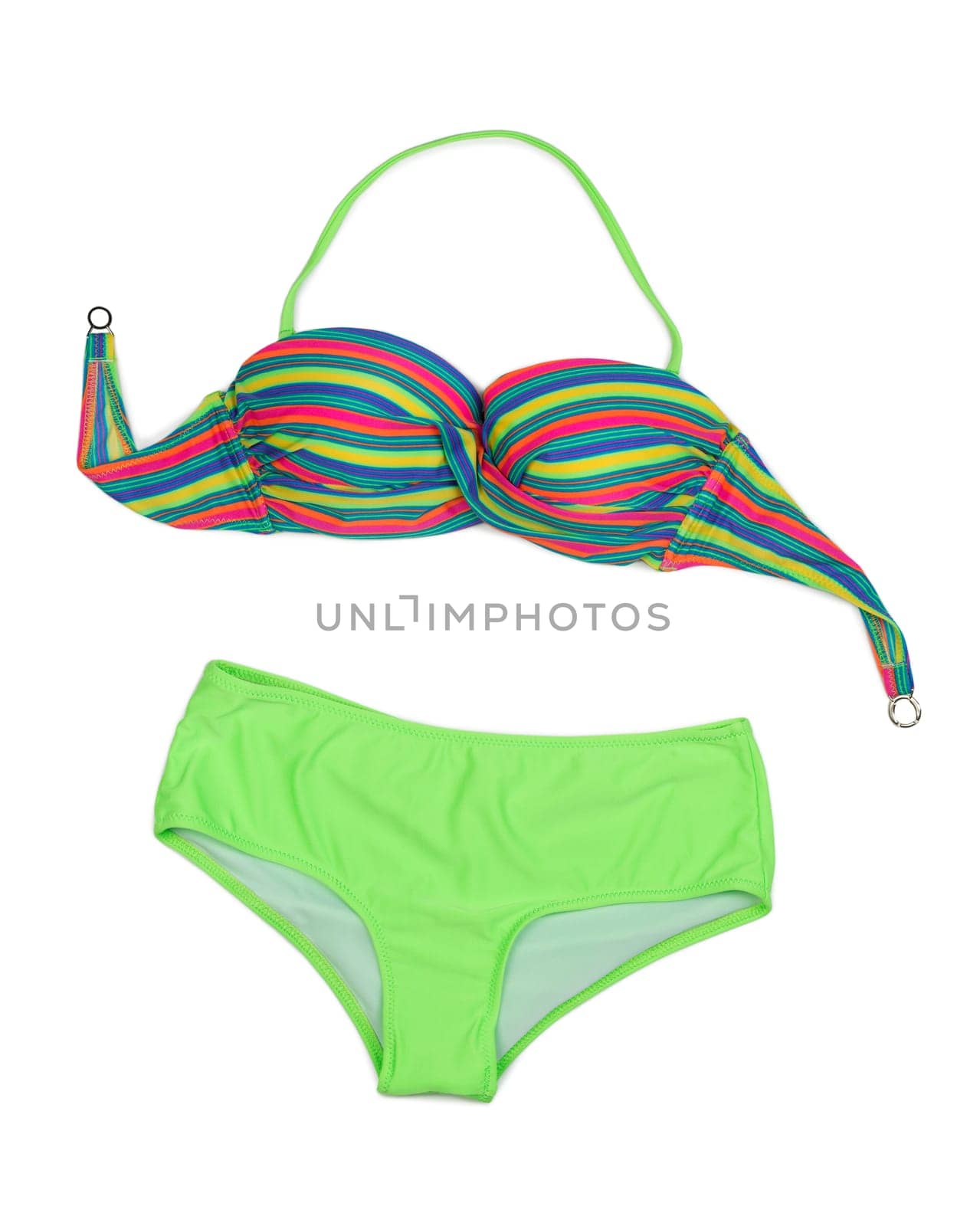 Green swimsuit and colorful bra. Isolate on white.