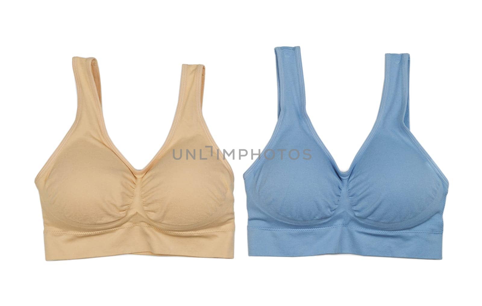 Beige and blue cotton bra. Isolate on white.