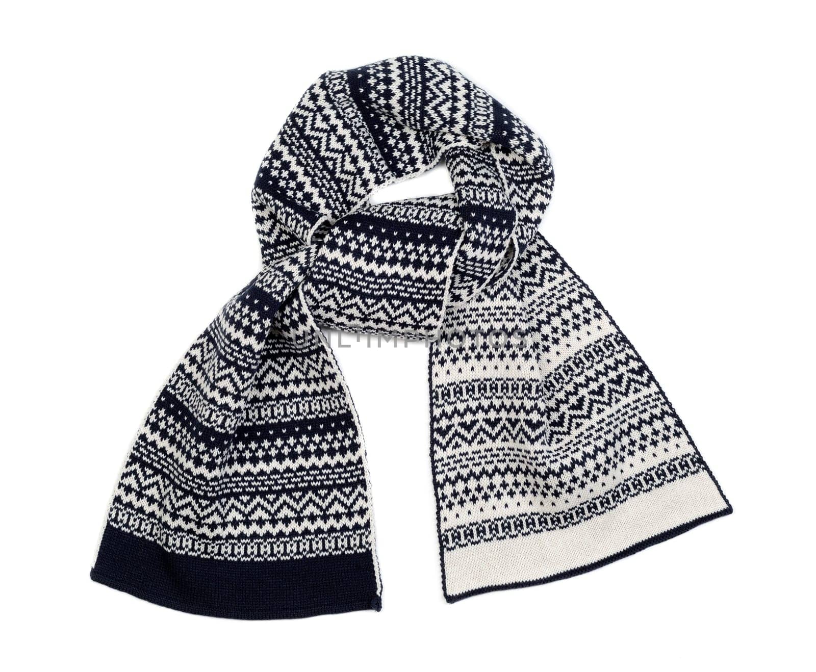 Striped knitted woollen scarf isolated on white