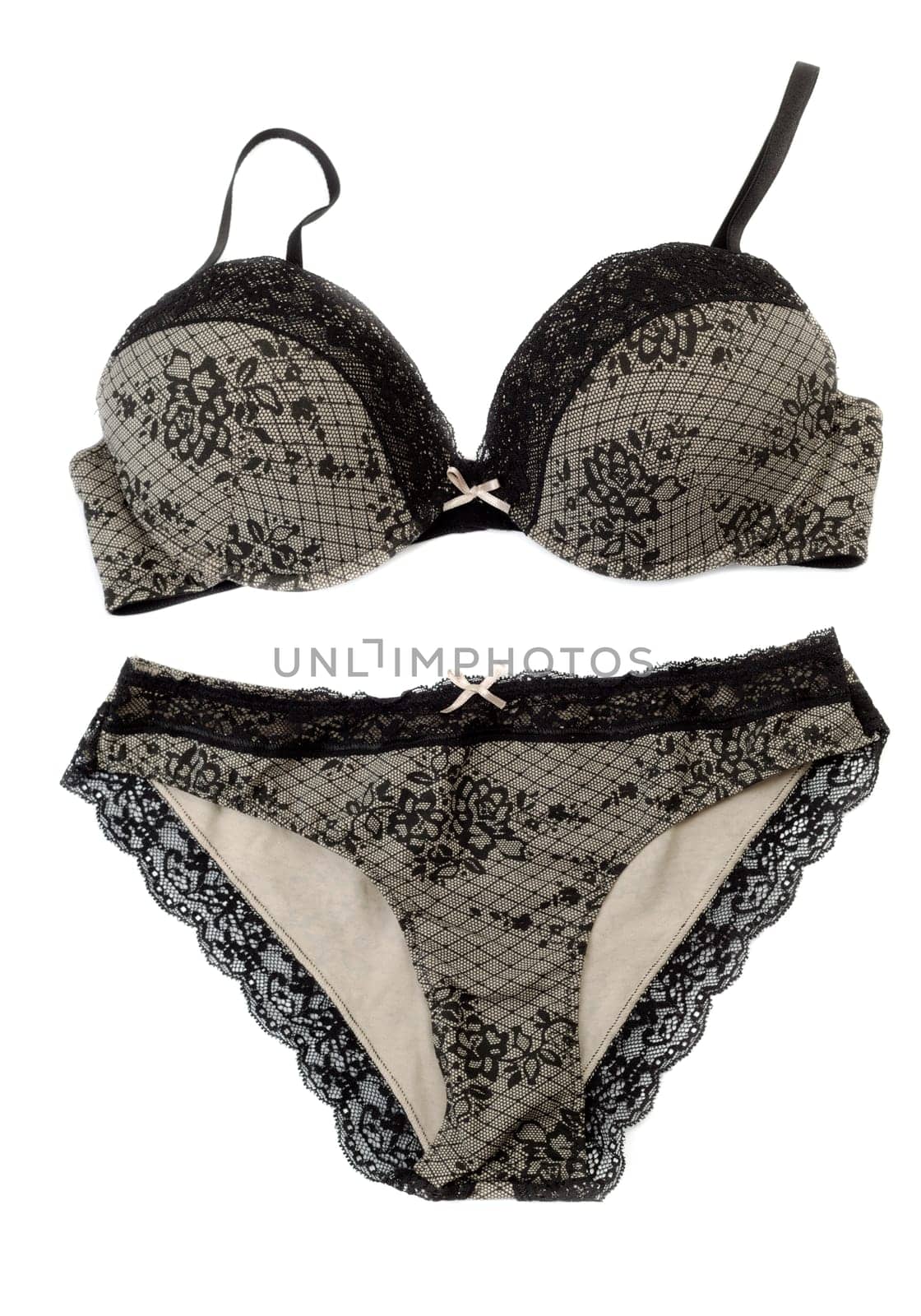 A set of black lacy women's underwear on a white background.