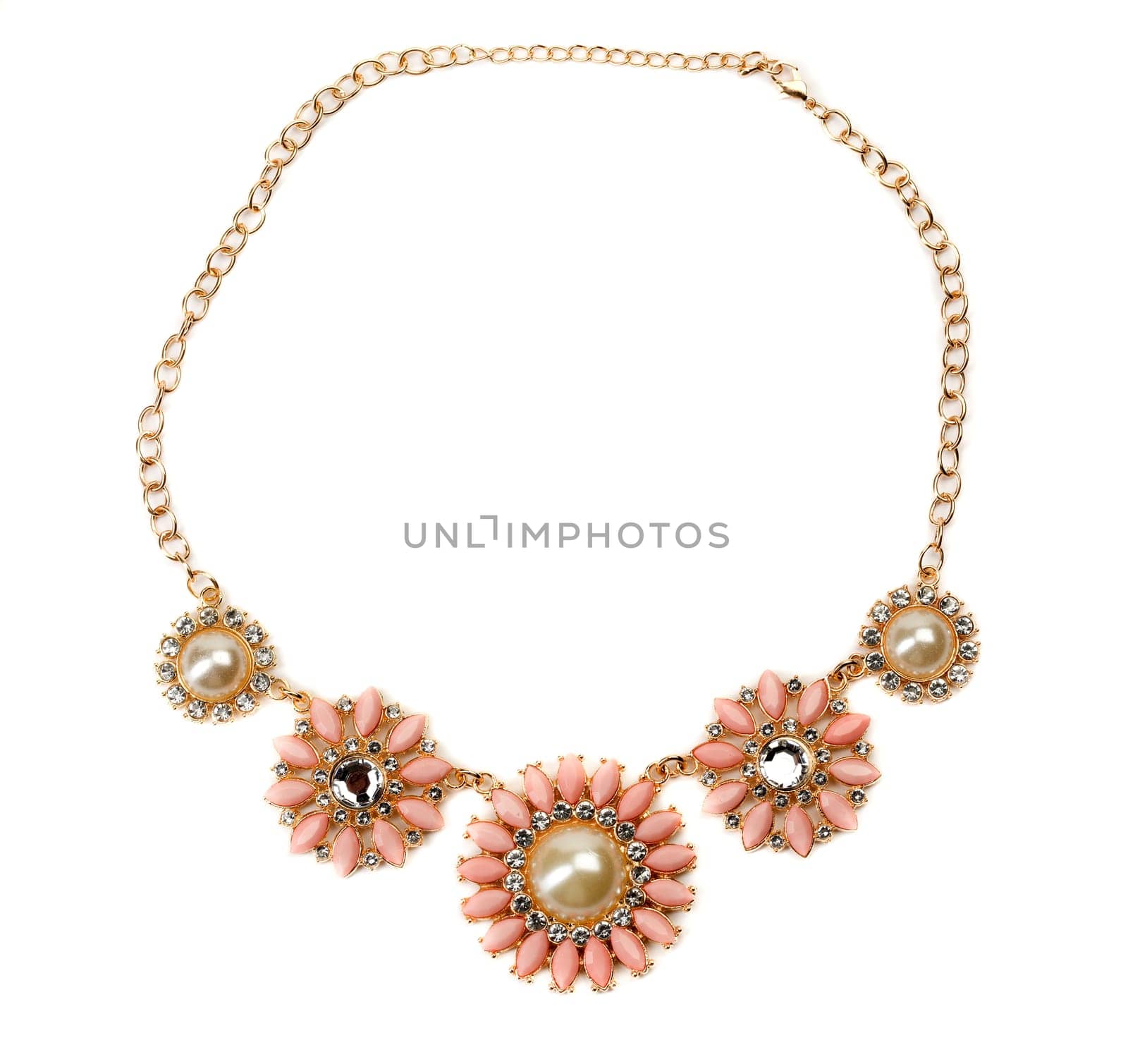 Necklace with pink stones on a gold chain. Isolate on white.
