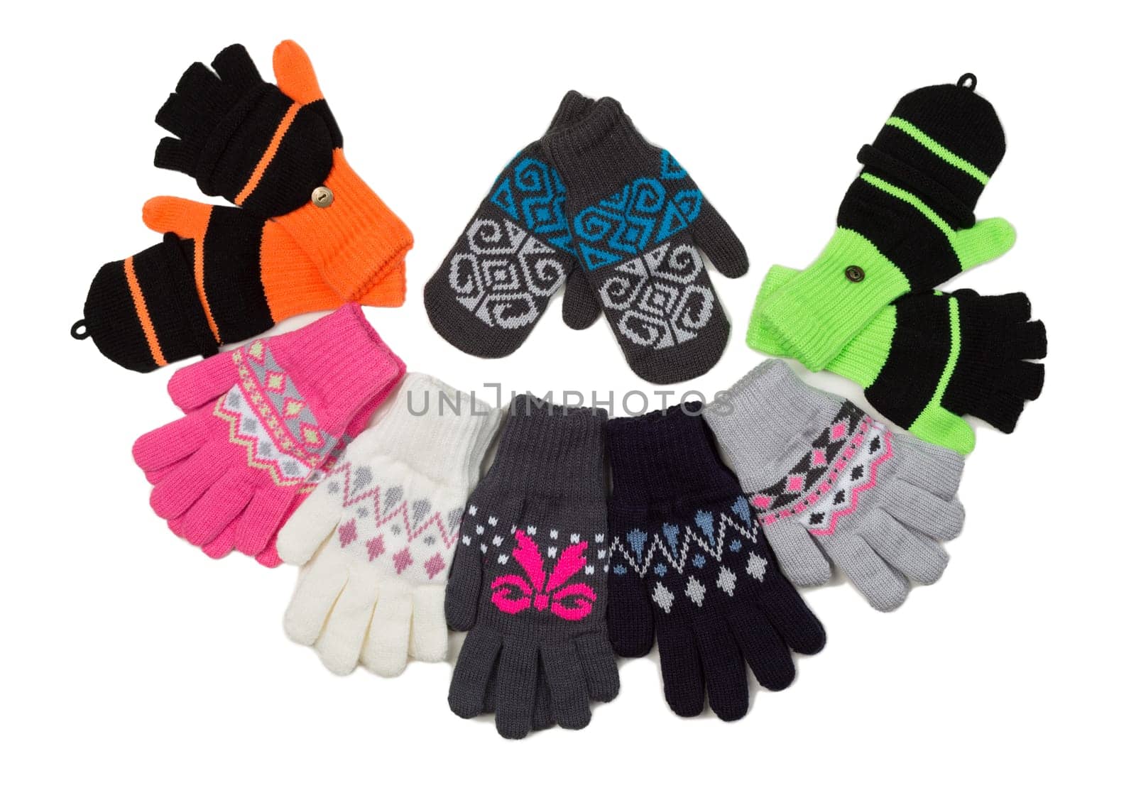 Set of knitted gloves and gauntlets, isolate on white.
