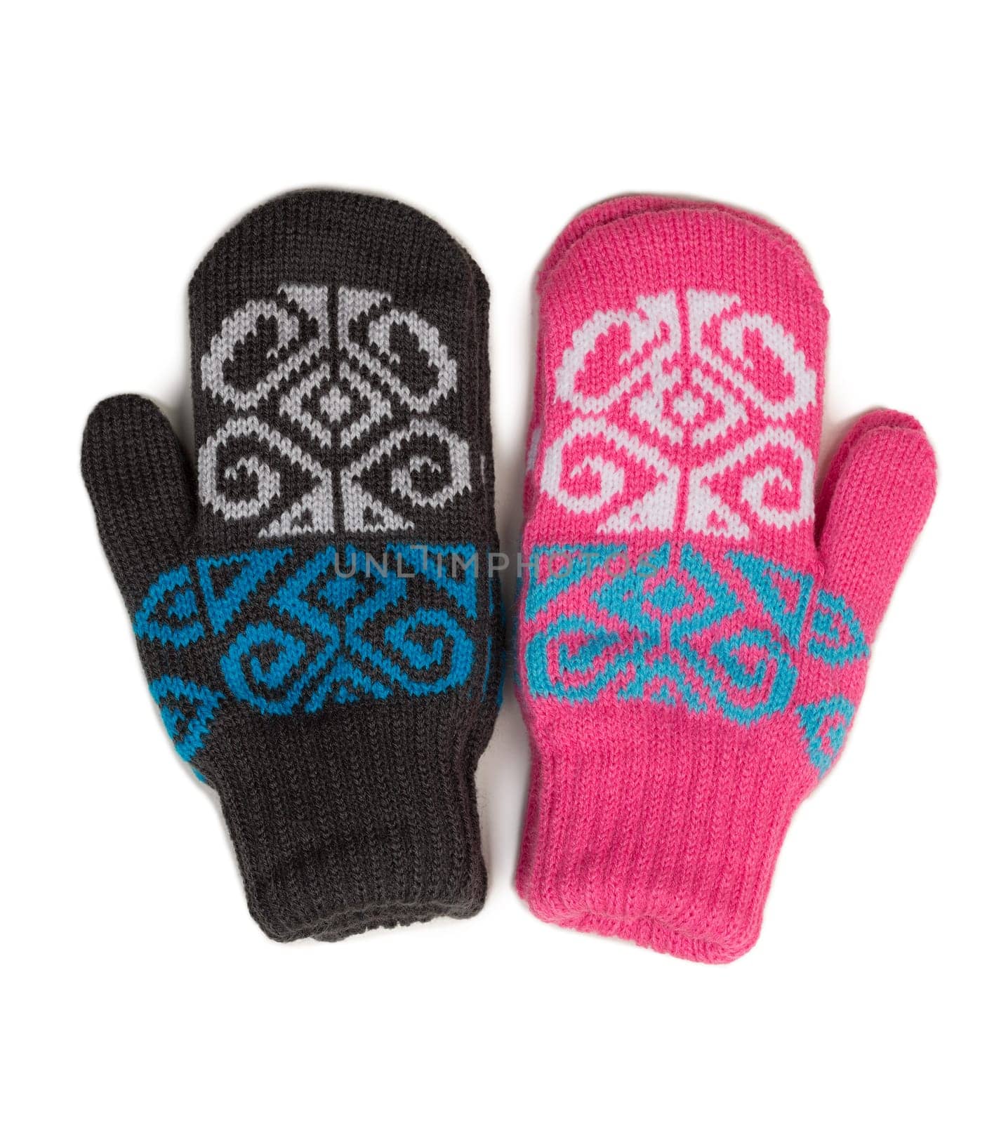 Gray pink knitted mittens them. Isolate on white.