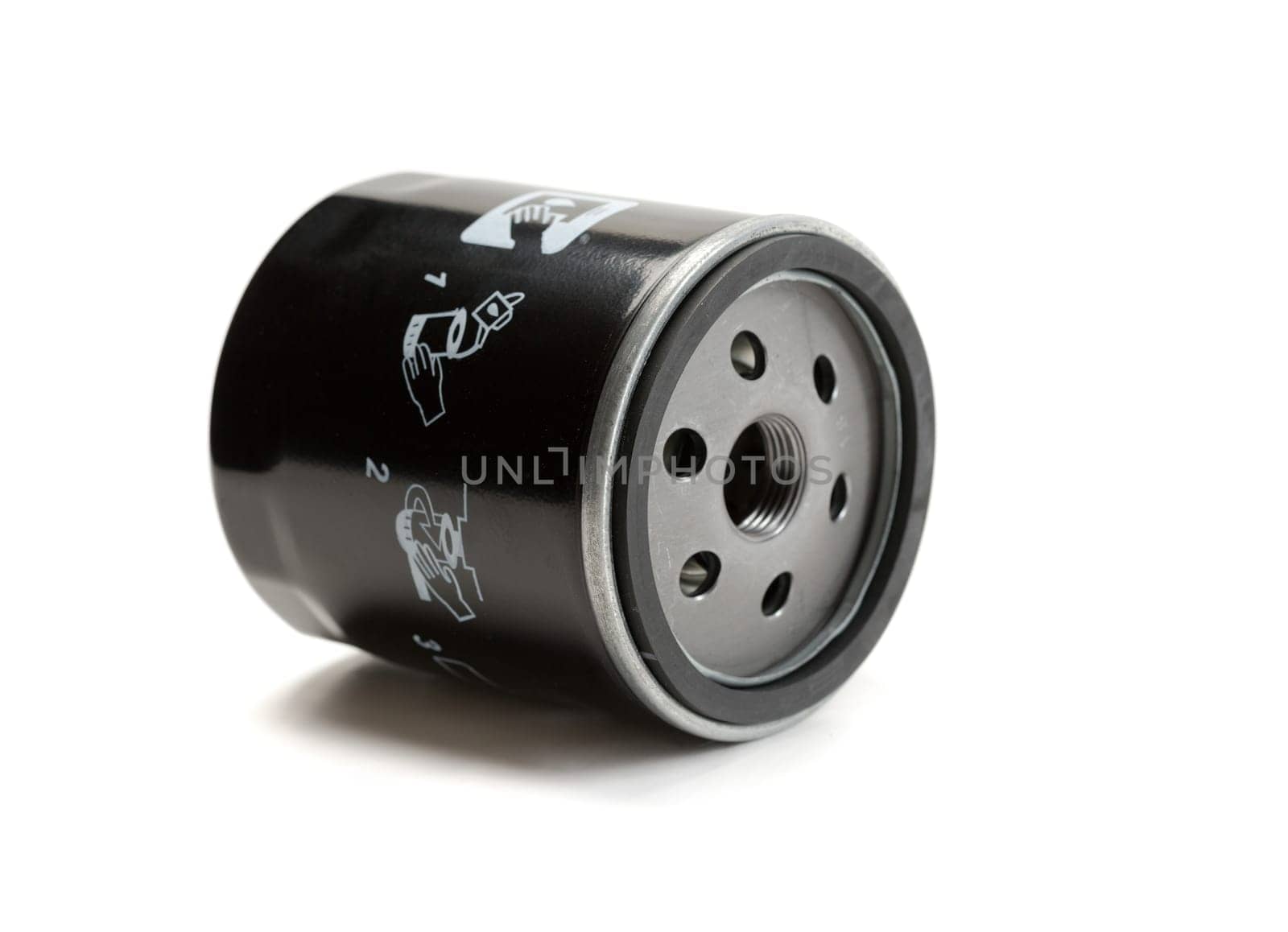 Black car oil filter. Isolate on white.