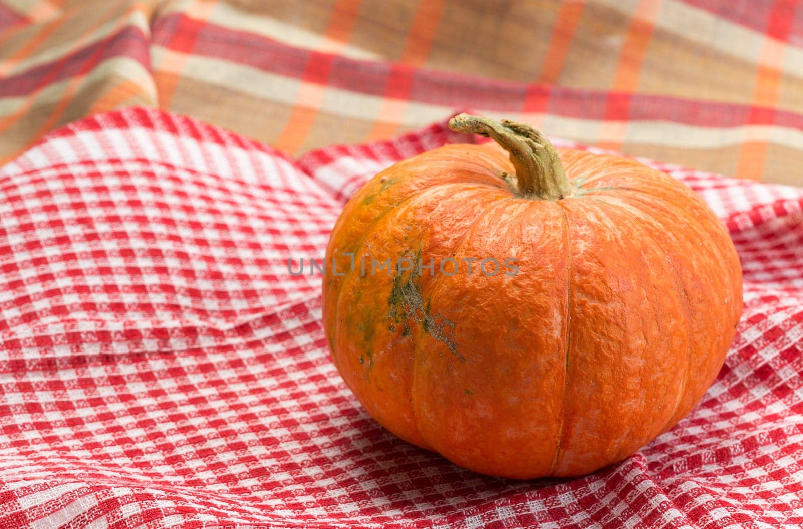 Pumpkin on a red and white checkered cloth.