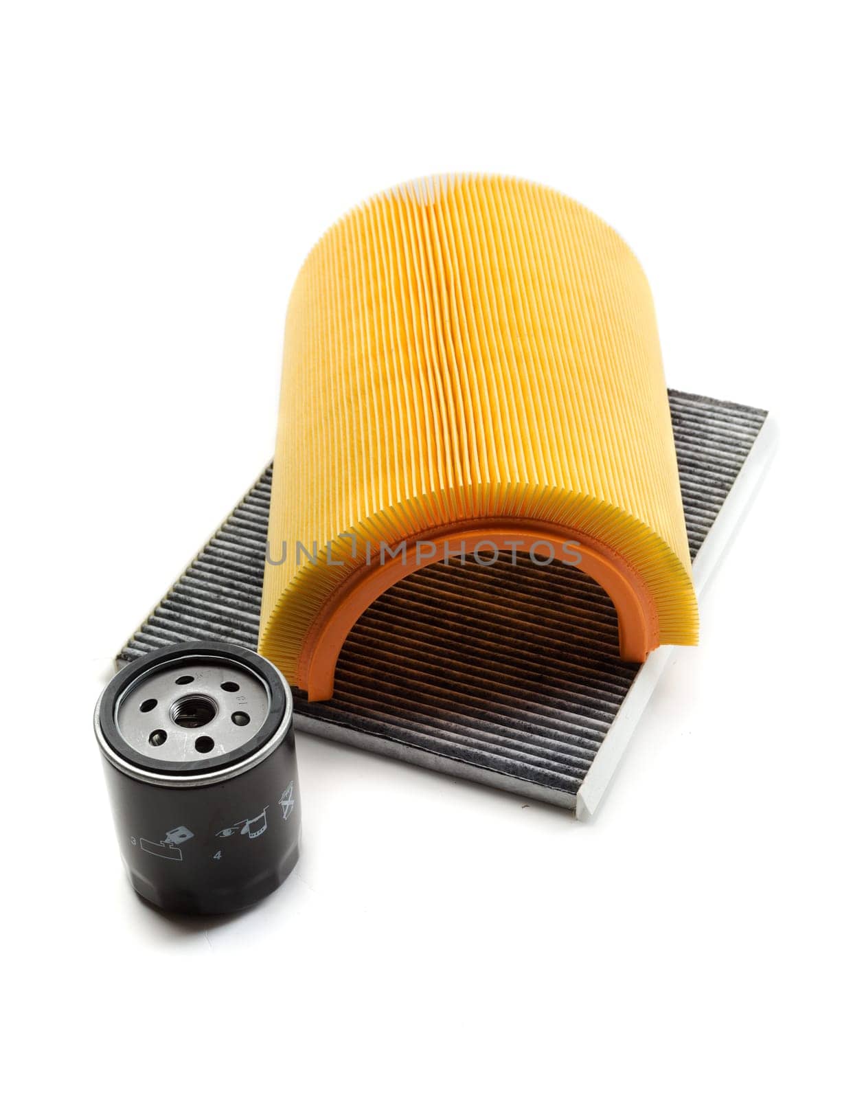 Car filters set. Motor filter, cabin filter and oil filter. Isolate on white.