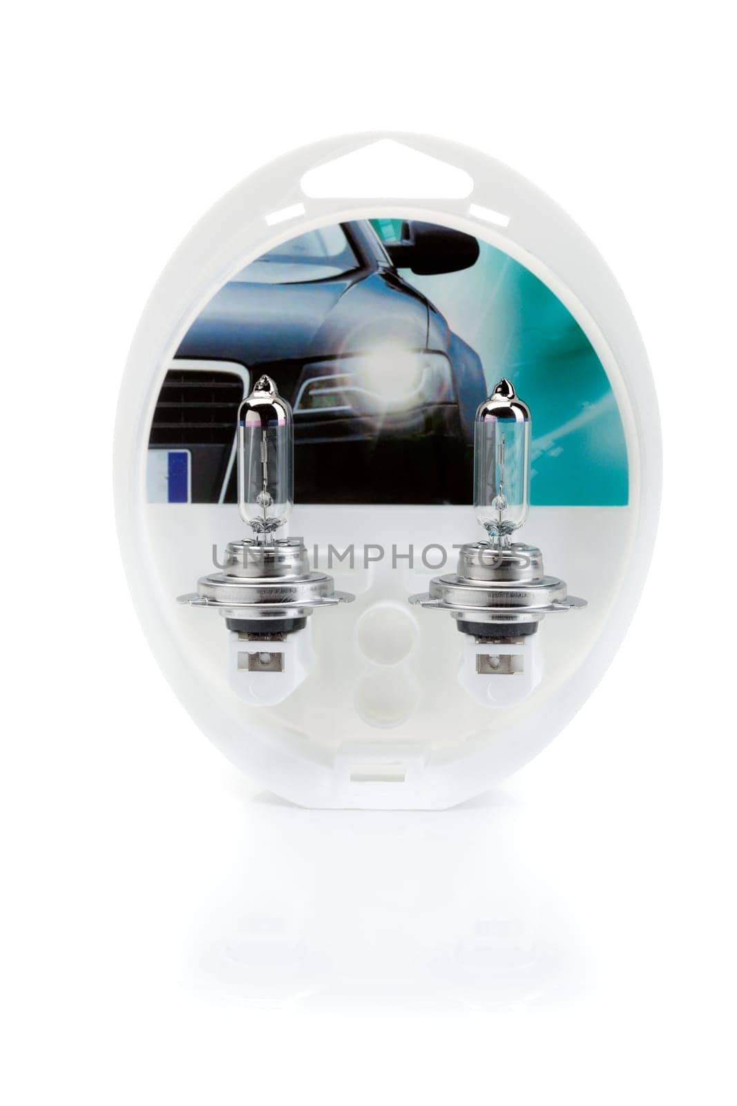 Two lamps H7 for car headlights in plastic blister, isolate on white