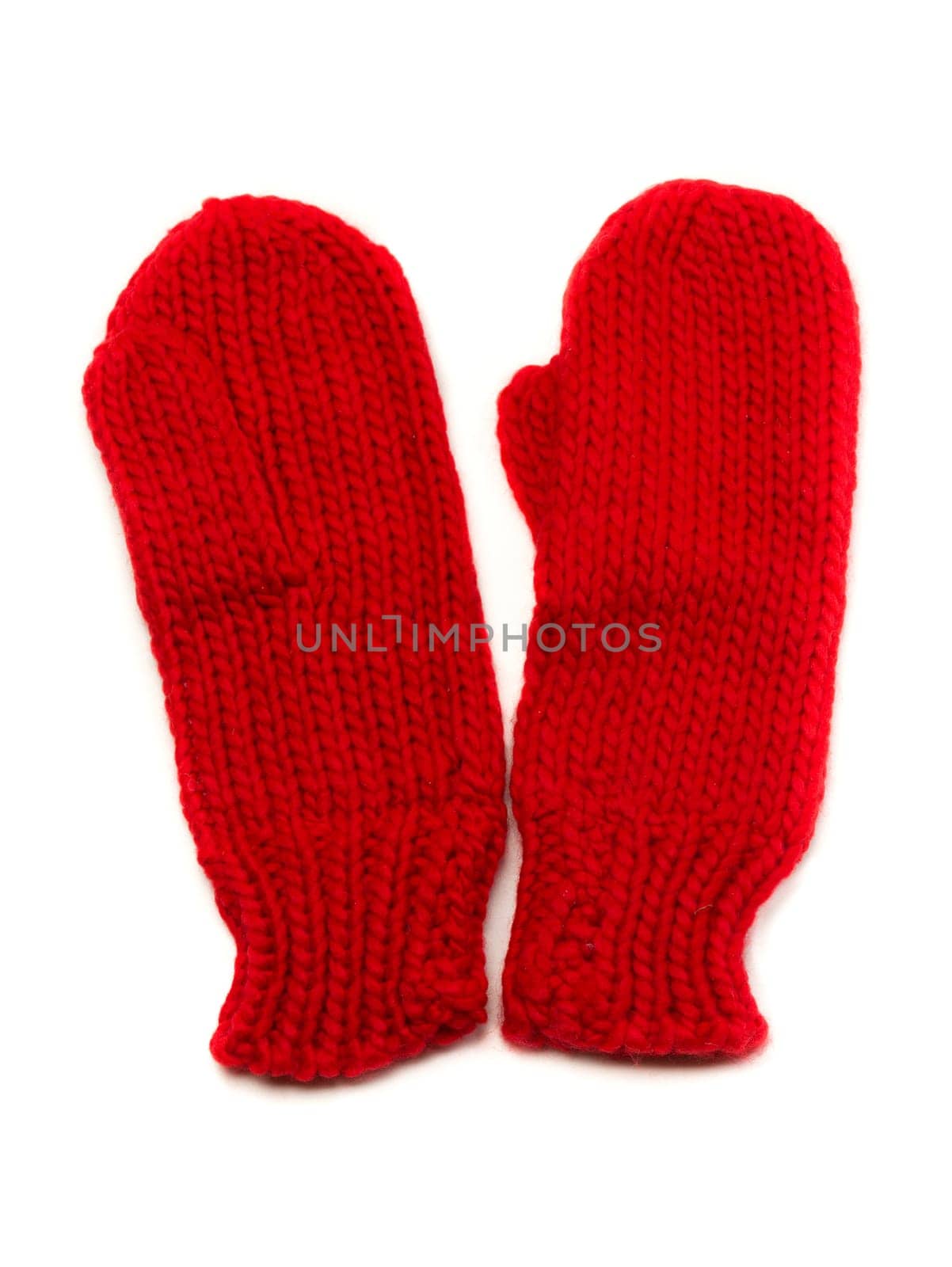 Red knitted mittens. Isolate on white.
