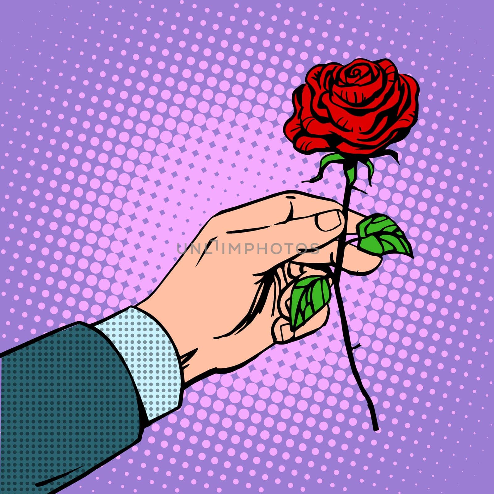 The man gives a flower rose love romance Dating red. Retro style pop art vintage