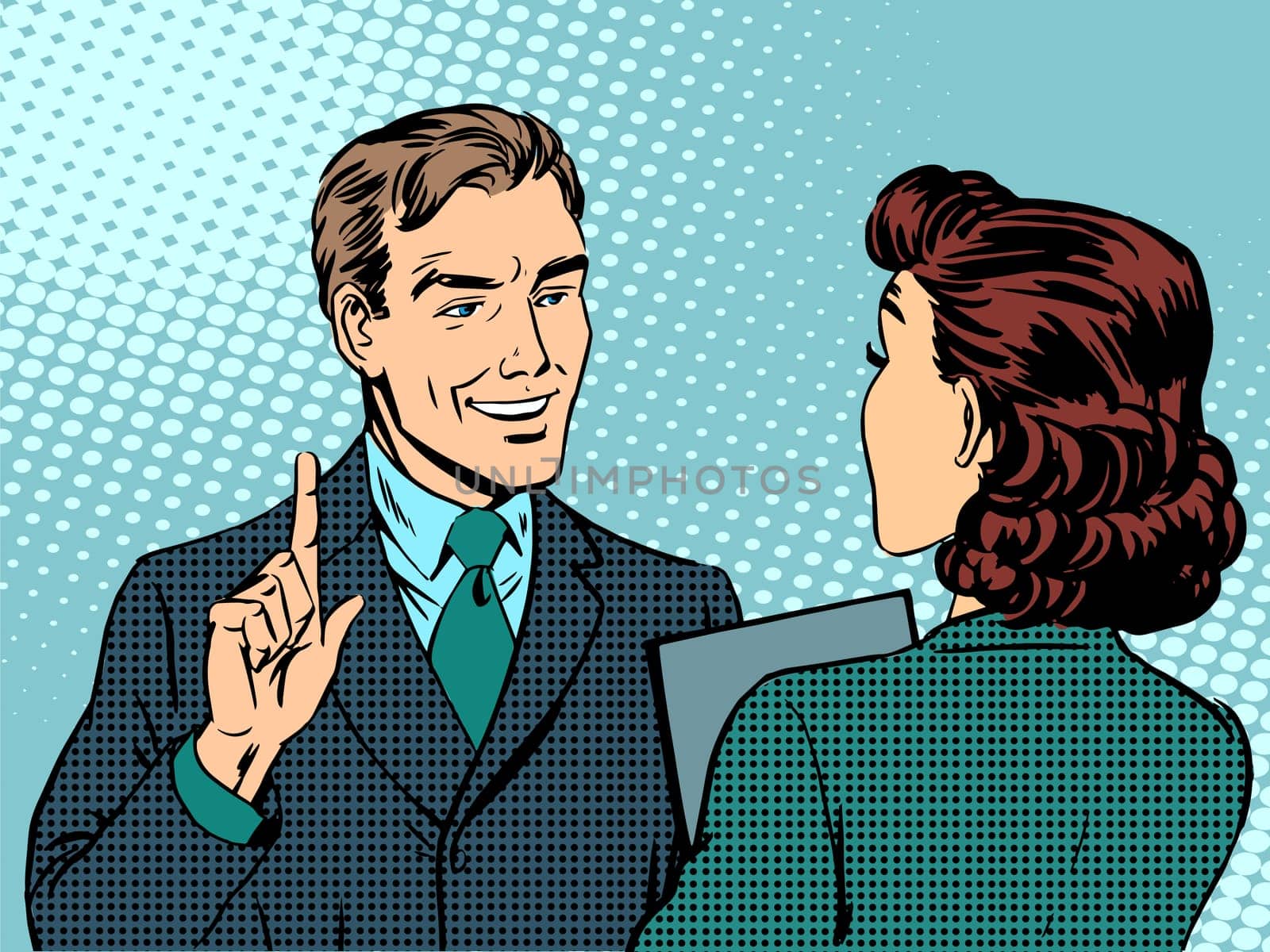 Business meeting between boss and subordinate. Retro style pop art